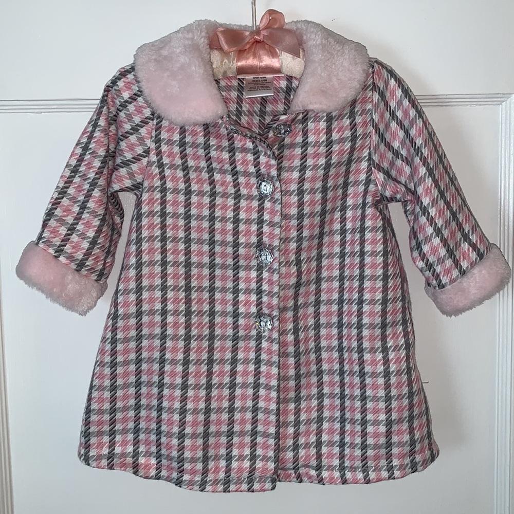 Youngland Pink & Gray Plaid Coat with Faux Fur 6-9M EUC